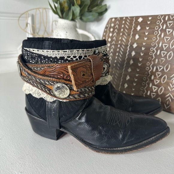 Abilene Boho Western Ankle Boots Black Brown Leather Belted Cowgirl Women’s 8.5 - Picture 5 of 10